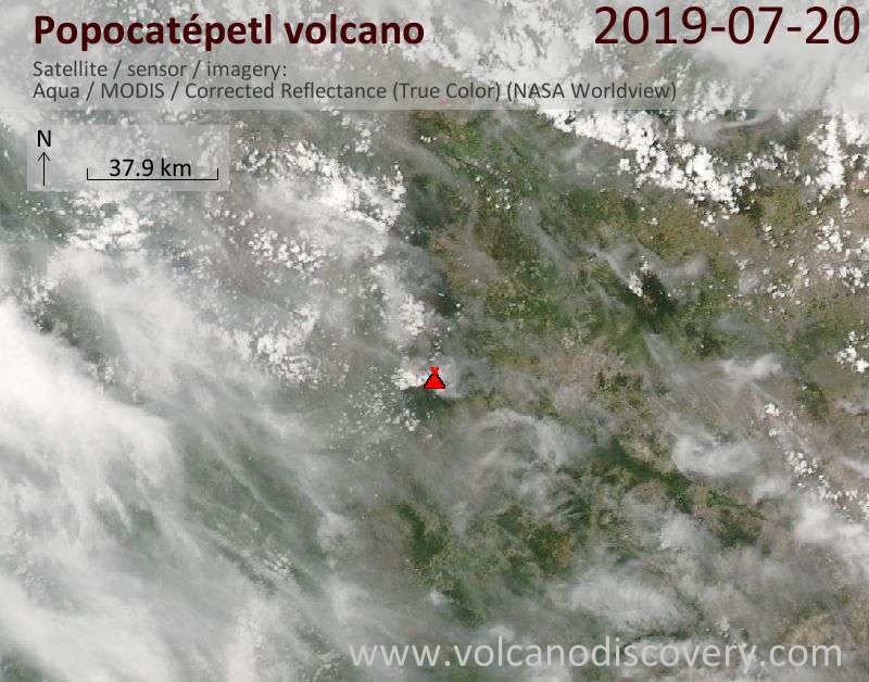 Satellite image of Popocatépetl volcano on 21 Jul 2019