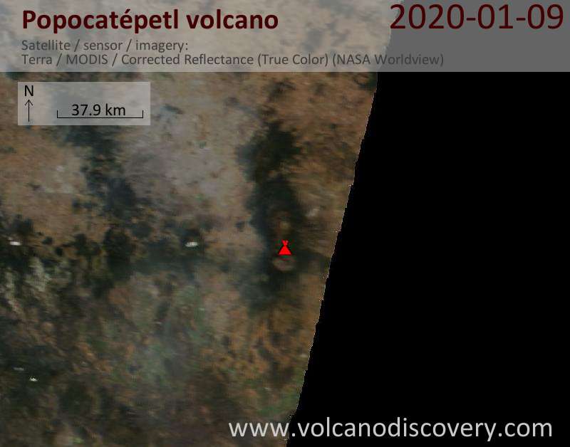 Satellite image of Popocatépetl volcano on  9 Jan 2020