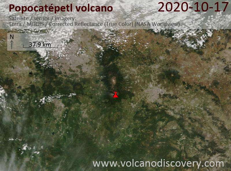 Satellite image of Popocatépetl volcano on 17 Oct 2020
