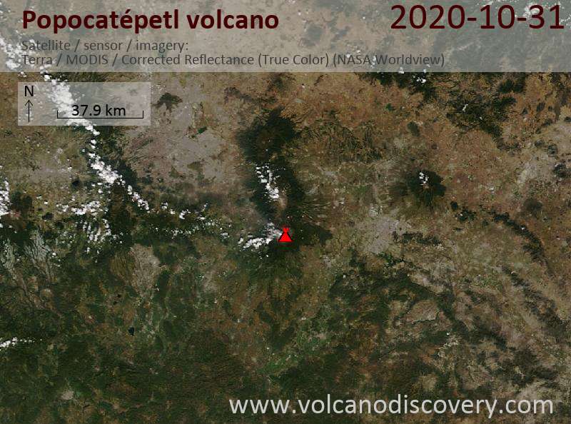 Satellite image of Popocatépetl volcano on 31 Oct 2020