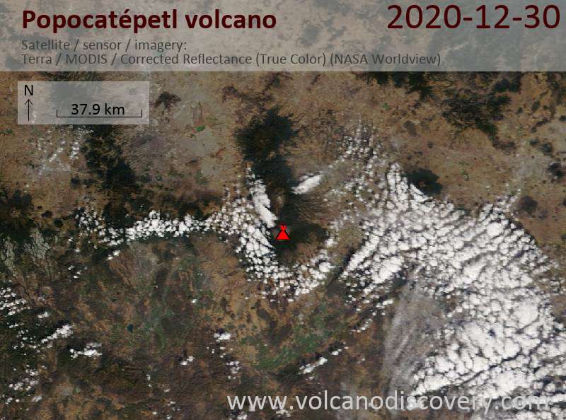 Satellite image of Popocatépetl volcano on 30 Dec 2020