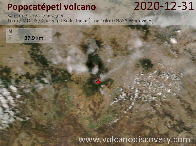 Satellite image of Popocatépetl volcano on 31 Dec 2020