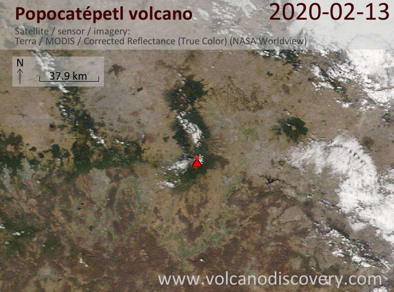 Satellitenbild des Popocatépetl Vulkans am 14 Feb 2020