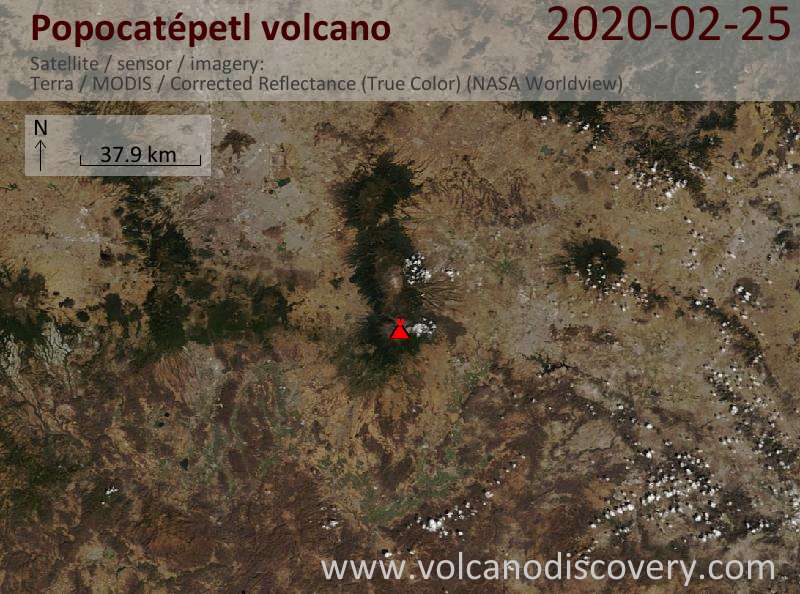 Satellite image of Popocatépetl volcano on 26 Feb 2020