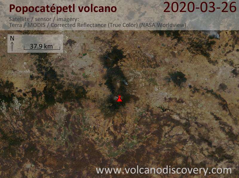 Satellitenbild des Popocatépetl Vulkans am 26 Mar 2020