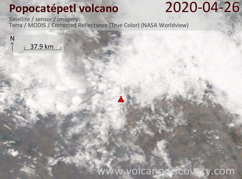 Satellite image of Popocatépetl volcano on 26 Apr 2020