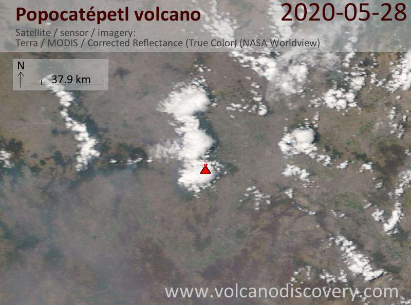 Satellite image of Popocatépetl volcano on 28 May 2020