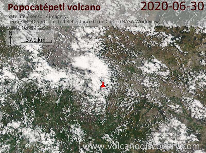 Satellite image of Popocatépetl volcano on 30 Jun 2020
