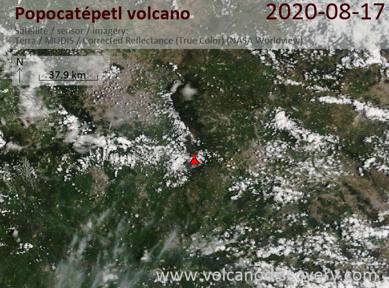 Satellite image of Popocatépetl volcano on 17 Aug 2020