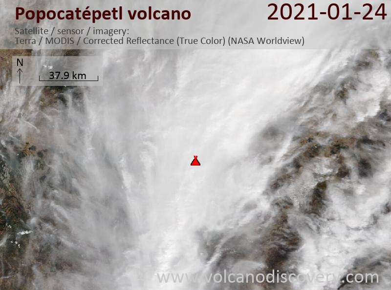 Satellite image of Popocatépetl volcano on 24 Jan 2021