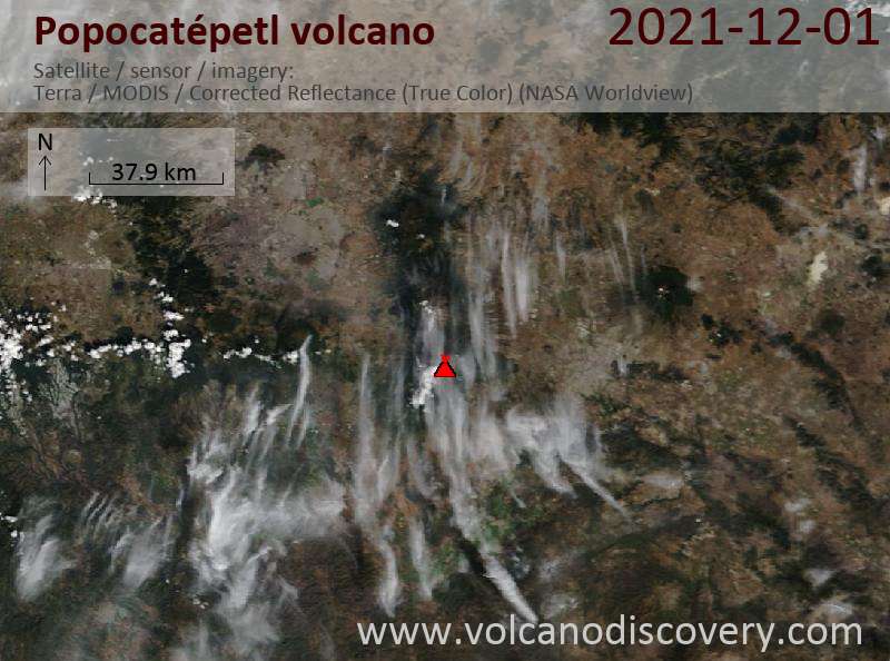 Спутниковое изображение вулкана Popocatépetl  1 Dec 2021