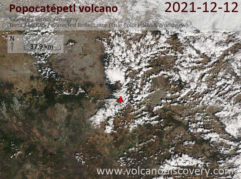 Satellite image of Popocatépetl volcano on 13 Dec 2021