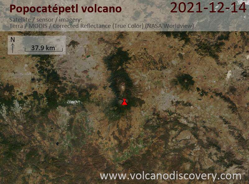 Satellite image of Popocatépetl volcano on 14 Dec 2021