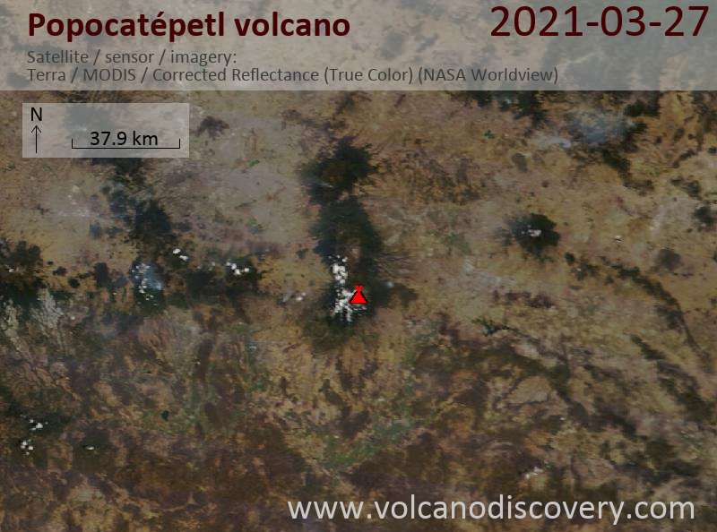 Satellite image of Popocatépetl volcano on 27 Mar 2021