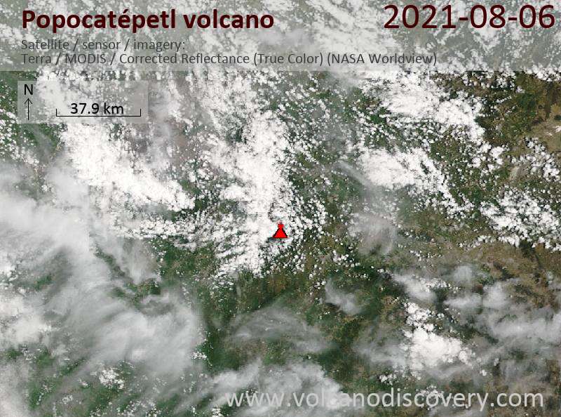 Спутниковое изображение вулкана Popocatépetl  7 Aug 2021