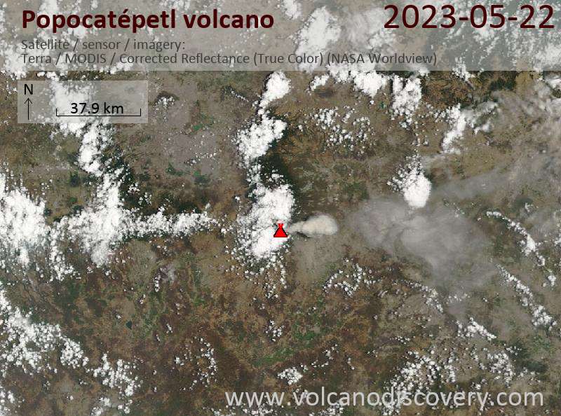 Satellite image of Popocatépetl volcano on 23 May 2023