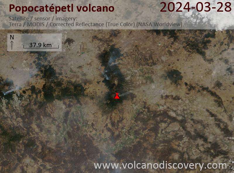 Satellite image of Popocatépetl volcano on 29 Mar 2024
