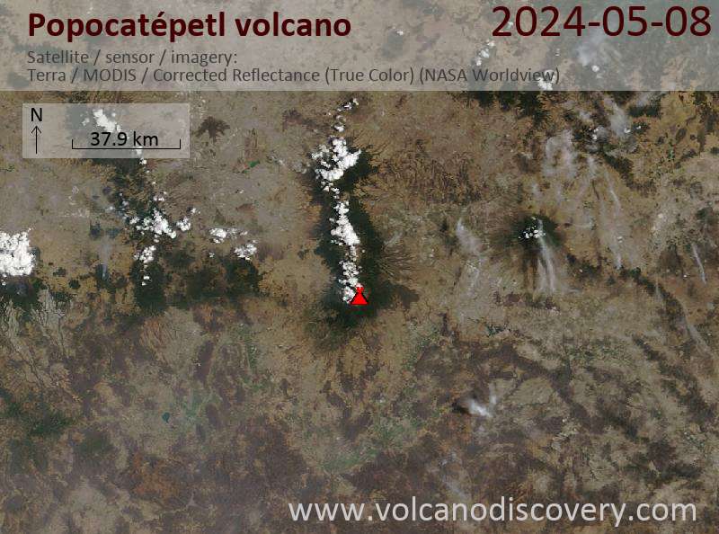 Satellite image of Popocatépetl volcano on  8 May 2024