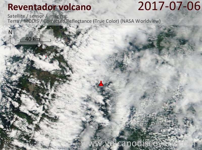Satellite image of Reventador volcano on  6 Jul 2017