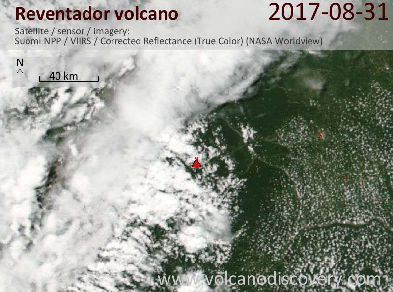 Satellite image of Reventador volcano on 31 Aug 2017