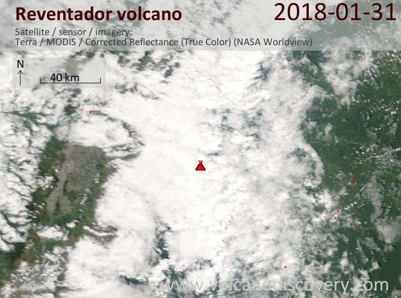 Satellite image of Reventador volcano on 31 Jan 2018