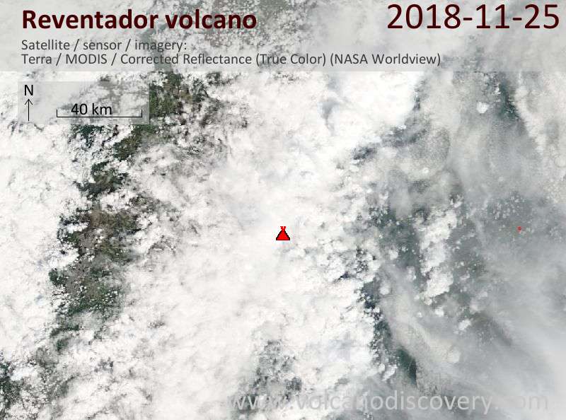 Satellite image of Reventador volcano on 25 Nov 2018