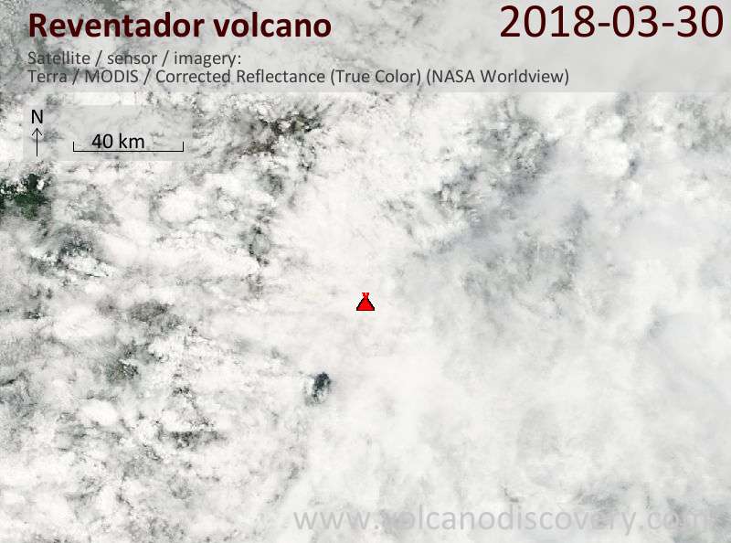 Satellite image of Reventador volcano on 30 Mar 2018