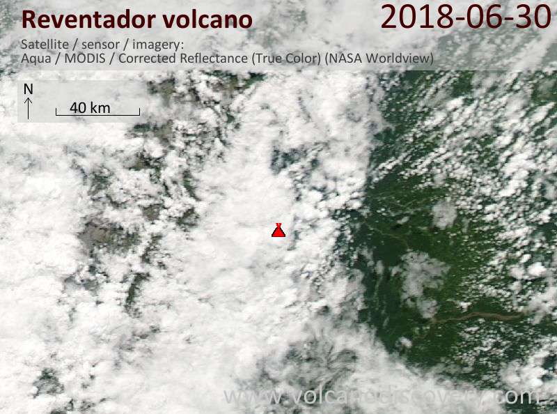 Satellite image of Reventador volcano on 30 Jun 2018