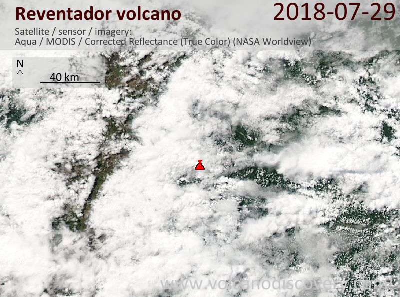 Satellite image of Reventador volcano on 28 Jul 2018