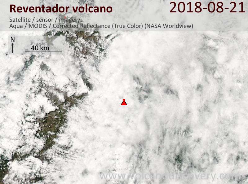 Satellite image of Reventador volcano on 21 Aug 2018
