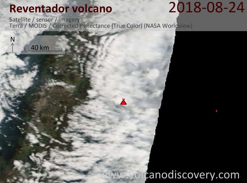 Satellite image of Reventador volcano on 24 Aug 2018