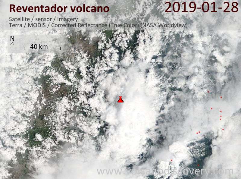 Satellite image of Reventador volcano on 28 Jan 2019