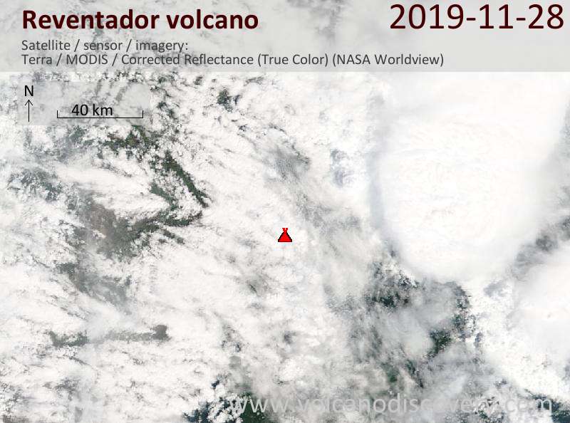 Satellite image of Reventador volcano on 28 Nov 2019