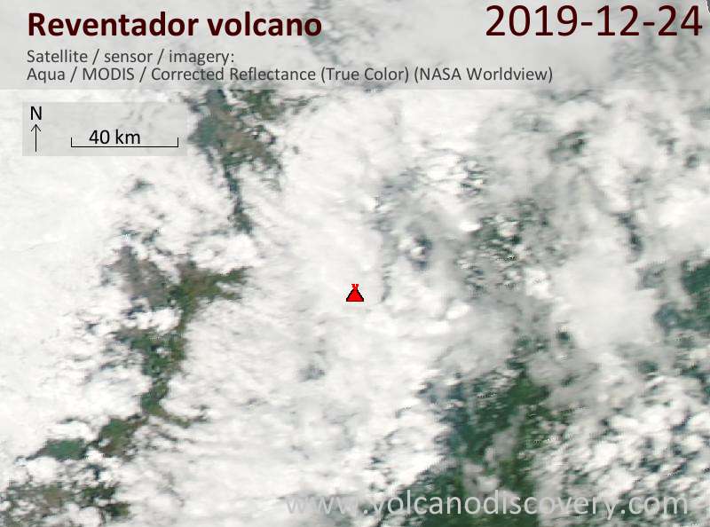 Satellite image of Reventador volcano on 25 Dec 2019
