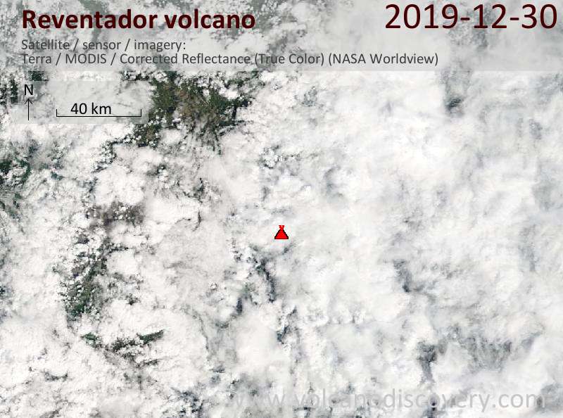 Satellite image of Reventador volcano on 30 Dec 2019