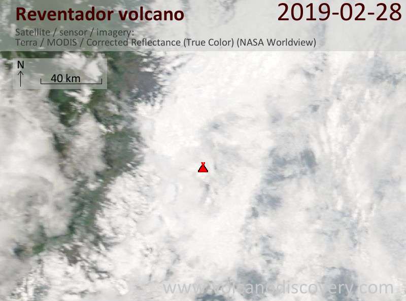 Satellite image of Reventador volcano on 28 Feb 2019