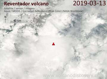 Satellite image of Reventador volcano on 13 Mar 2019