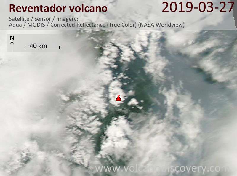 Satellite image of Reventador volcano on 28 Mar 2019