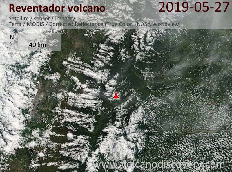 Satellite image of Reventador volcano on 27 May 2019