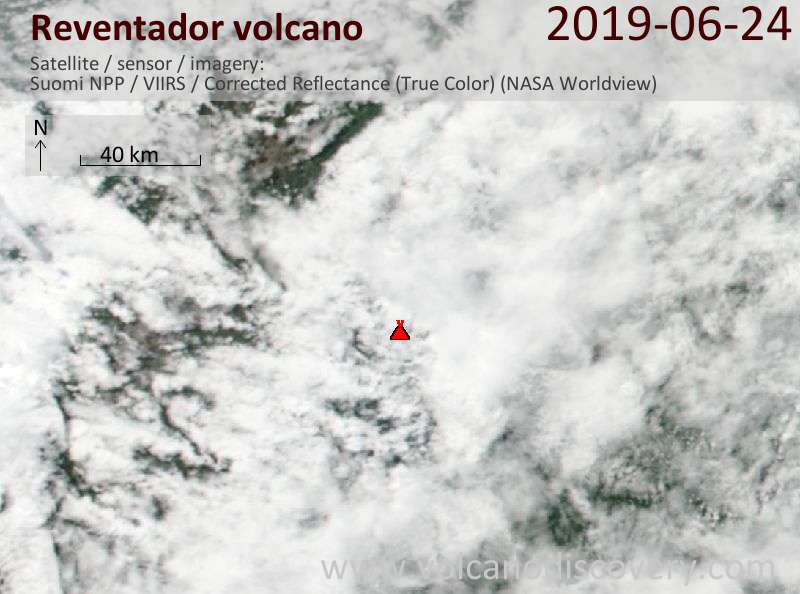 Satellite image of Reventador volcano on 24 Jun 2019