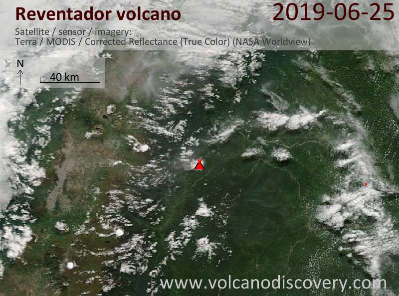 Satellite image of Reventador volcano on 25 Jun 2019