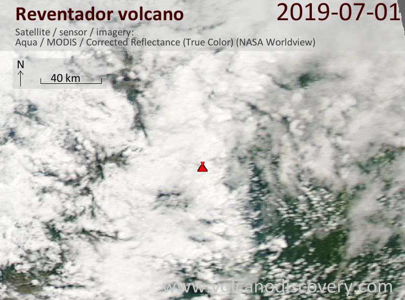 Satellite image of Reventador volcano on  1 Jul 2019