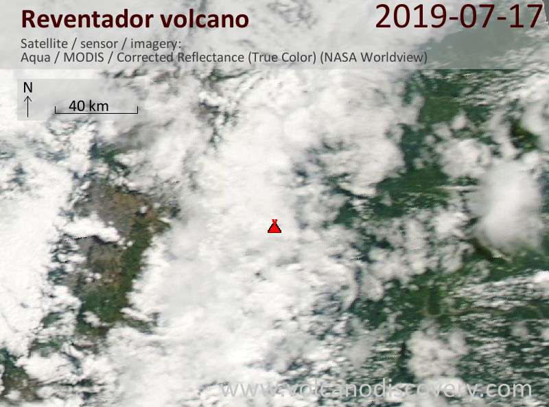 Satellite image of Reventador volcano on 18 Jul 2019