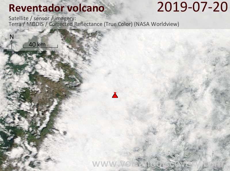 Satellitenbild des Reventador Vulkans am 20 Jul 2019