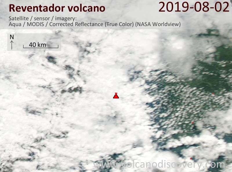 Спутниковое изображение вулкана Reventador  3 Aug 2019