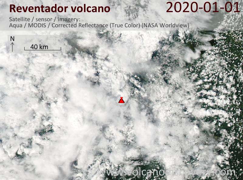 Satellite image of Reventador volcano on  2 Jan 2020