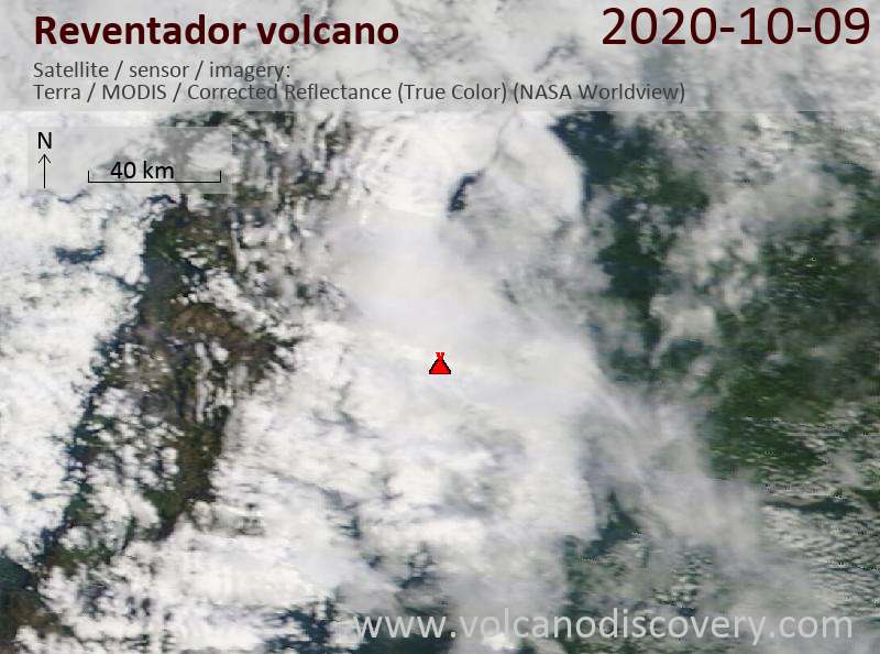 Satellite image of Reventador volcano on  9 Oct 2020