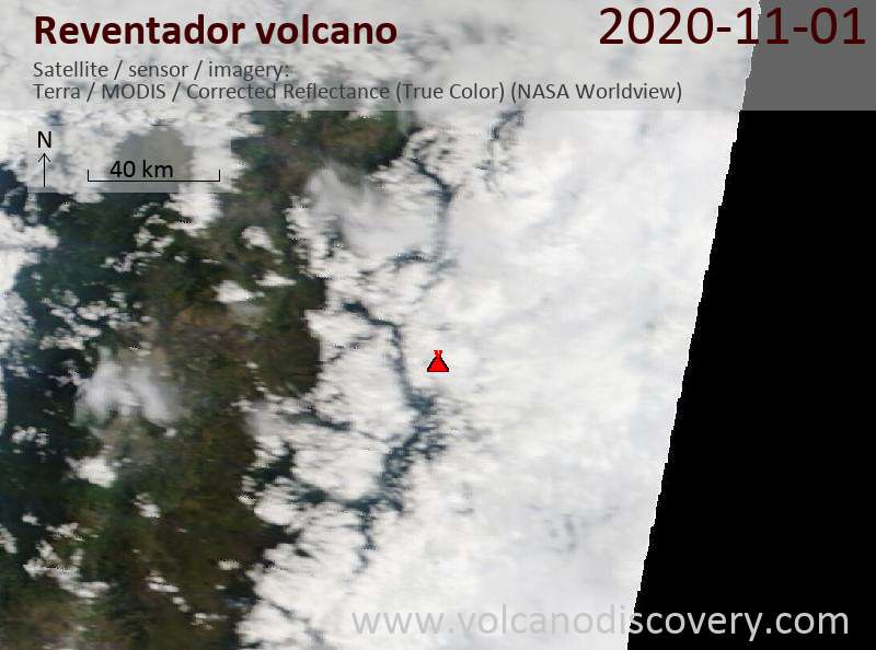 Satellite image of Reventador volcano on  1 Nov 2020