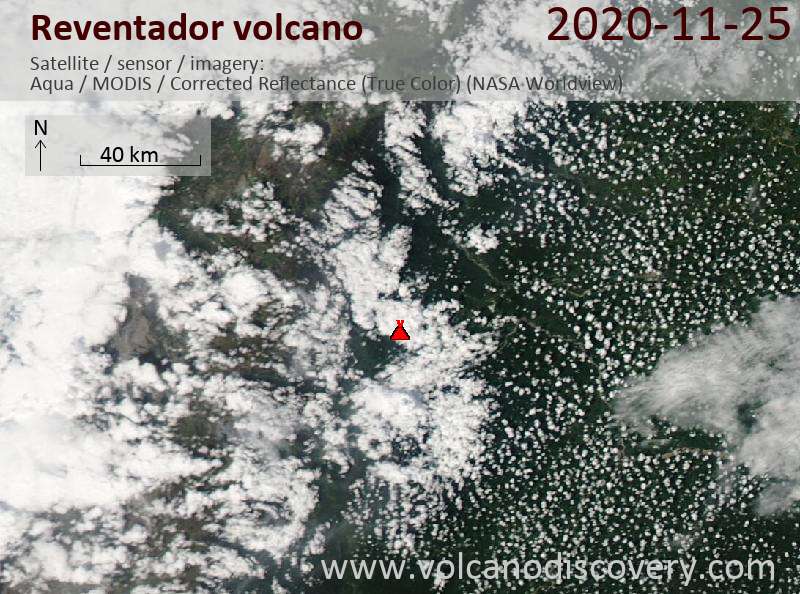 Satellite image of Reventador volcano on 25 Nov 2020