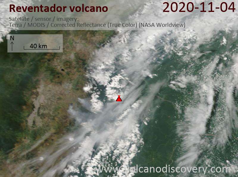 Satellite image of Reventador volcano on  4 Nov 2020